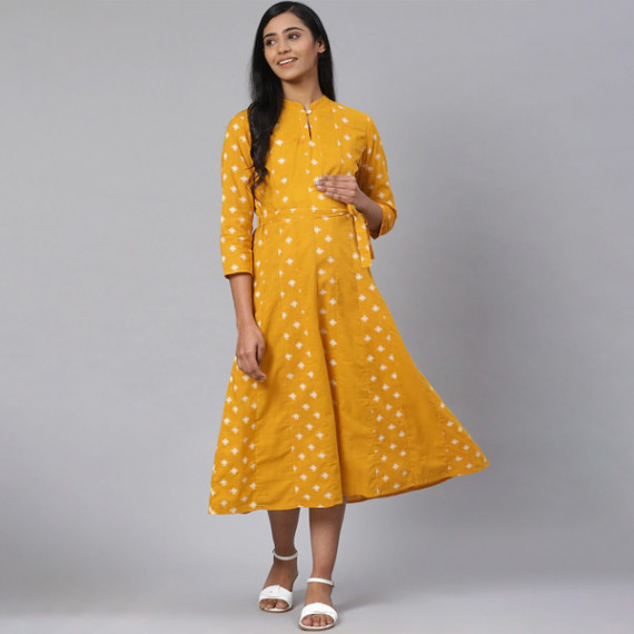 https://www.goldensgrove.in/products/women-mustard-yellow-off-white-printed-pure-cotton-maternity-a-line-dress